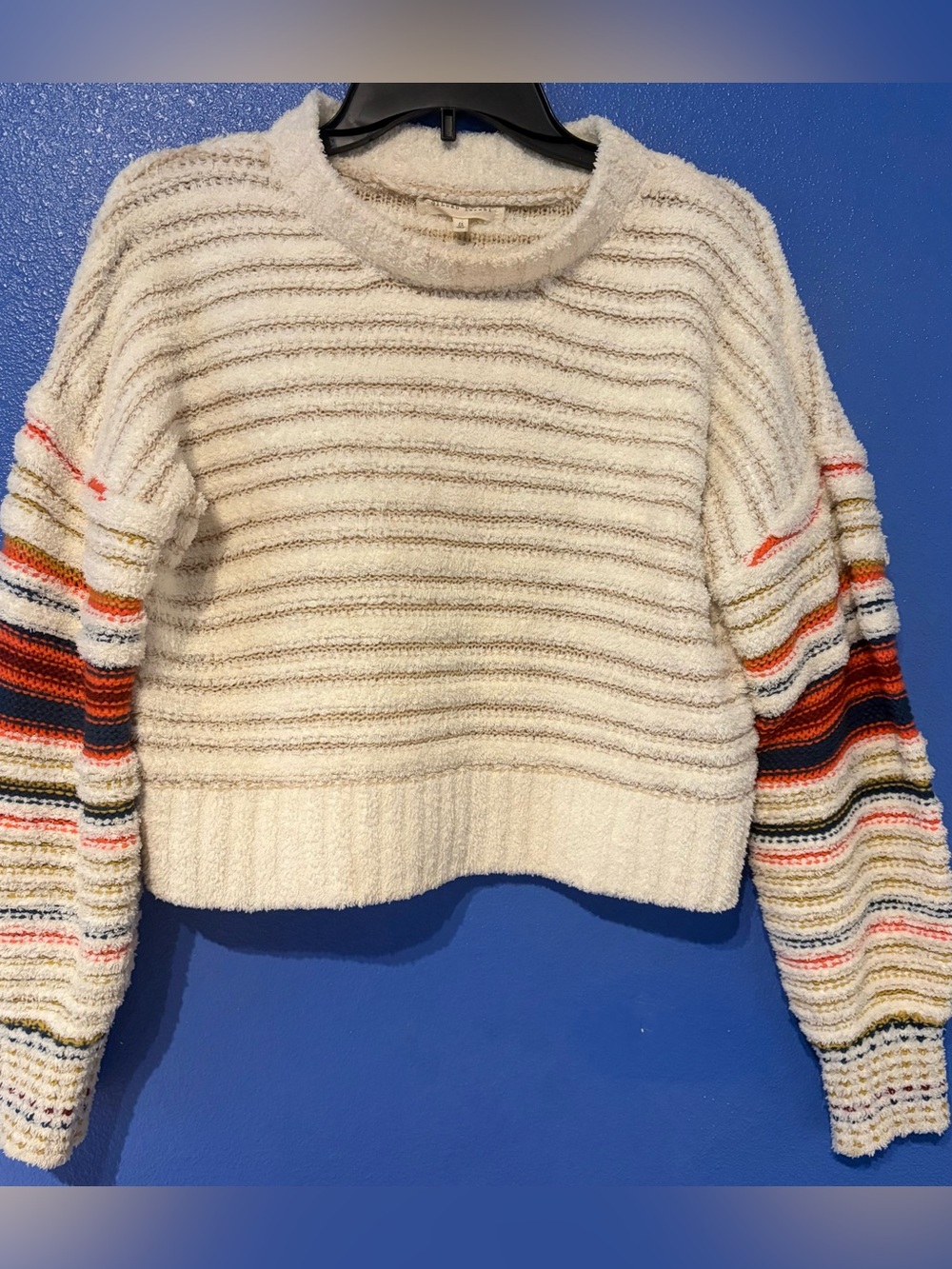 Gilded Intent Cream Crewneck Sweater with Multicolor Striped Sleeves